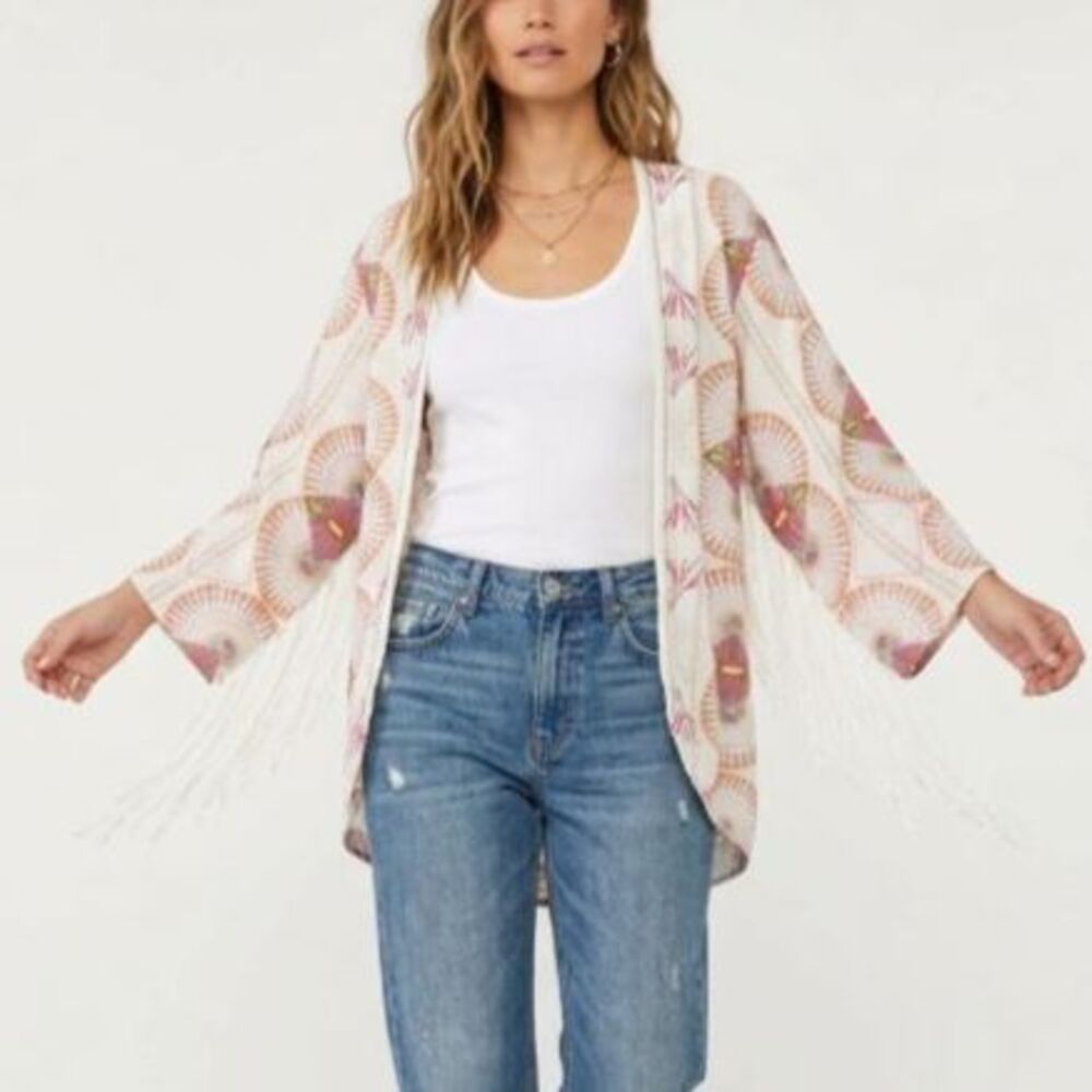 Cleobella White Pink Abstract Circle Print Fringe Sleeve Open Cardigan Size XS